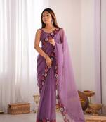 Lavender gold crush c multy thread embroidery work saree for party looks