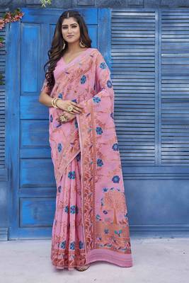 Pink wevon jacquard linen c graceful saree 1