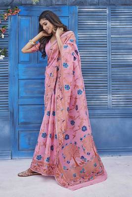 Pink wevon jacquard linen c graceful saree 5