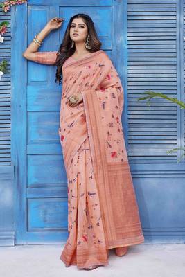 Peach wevon jacquard linen c graceful saree 1