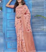 Peach wevon jacquard linen c graceful saree