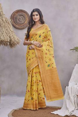 Yellow wevon jacquard linen c graceful saree 1