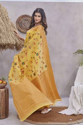 Yellow wevon jacquard linen c graceful saree 2