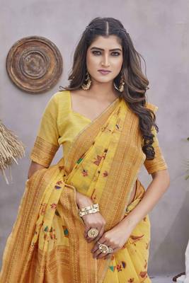 Yellow wevon jacquard linen c graceful saree 3
