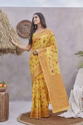 Yellow wevon jacquard linen c graceful saree 5