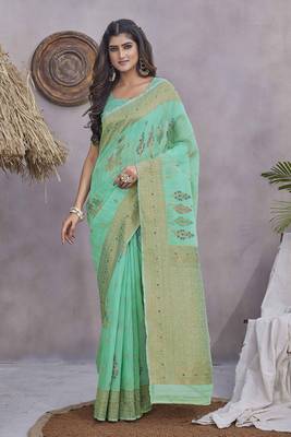 Sea green wevon jacquard linen c graceful saree 1