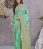 Sea green wevon jacquard linen c graceful saree