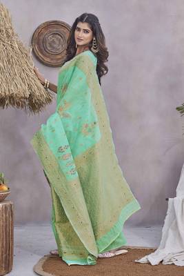Sea green wevon jacquard linen c graceful saree 2