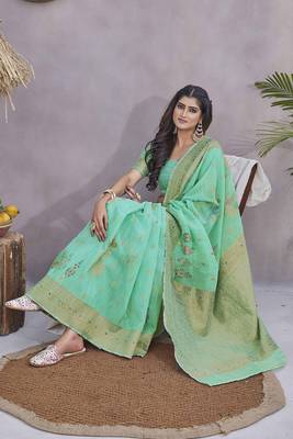 Sea green wevon jacquard linen c graceful saree 3