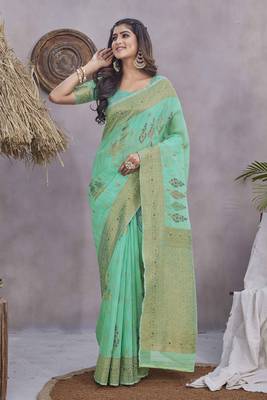 Sea green wevon jacquard linen c graceful saree 4