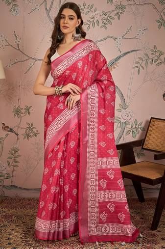 Pink digital printed designer linen c graceful saree