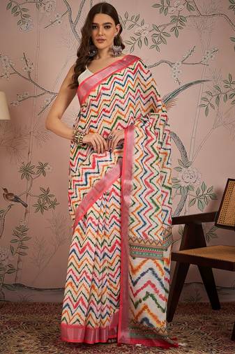 Off white digital printed designer linen c graceful saree