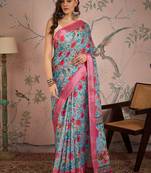 Sea green digital printed linen c graceful saree