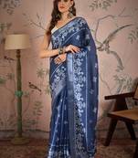 Navy blue digital printed designer linen c graceful saree