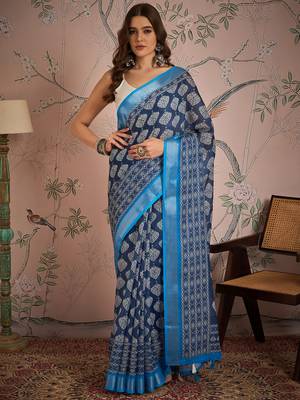Blue digital printed linen c graceful saree 1