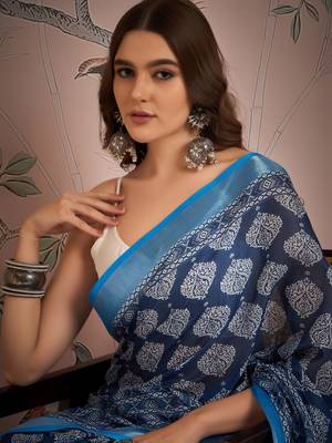 Blue digital printed linen c graceful saree 3
