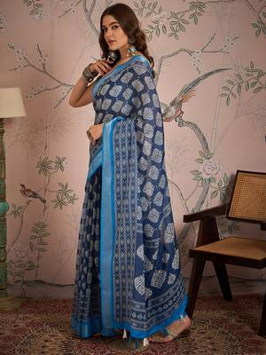Blue digital printed linen c graceful saree 5