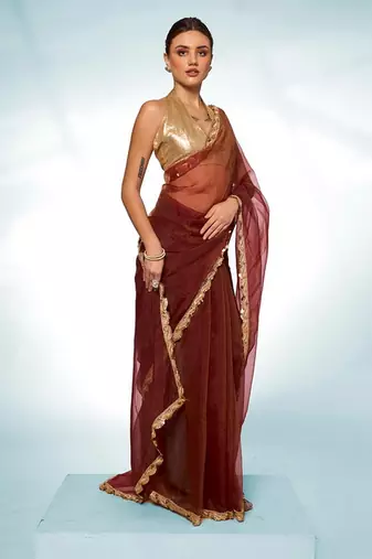 Glamorous brown tissue c trendy saree