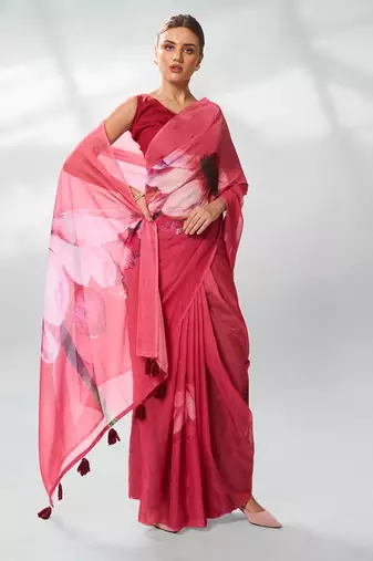 Burgundy organza c designer printed graceful bollywood style party saree
