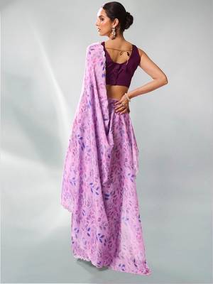 Lavender satin georgette c printed graceful style party saree 2
