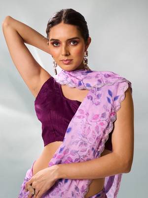 Lavender satin georgette c printed graceful style party saree 3