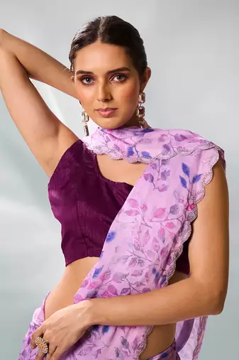 Lavender satin georgette c printed graceful style party saree