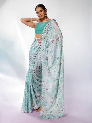 Sea green satin georgette c printed graceful style party saree 1