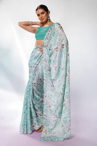 Sea green satin georgette c designer printed graceful bollywood style party saree