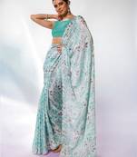 Sea green satin georgette c designer printed graceful bollywood style party saree