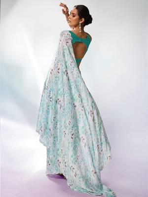 Sea green satin georgette c printed graceful style party saree 2
