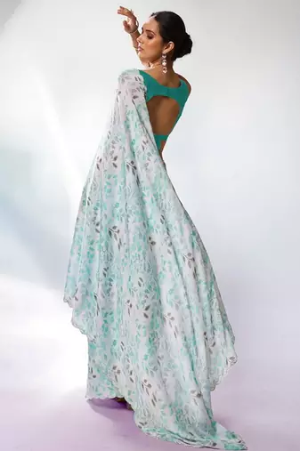 Sea green satin georgette c printed graceful style party saree