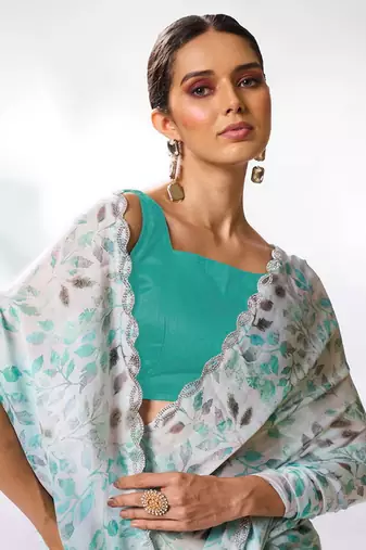 Sea green satin georgette c printed graceful style party saree