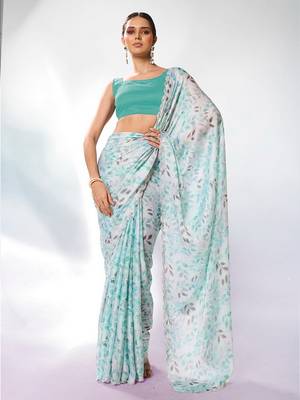 Sea green satin georgette c printed graceful style party saree 4