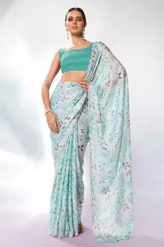 Sea green satin georgette c printed graceful style party saree