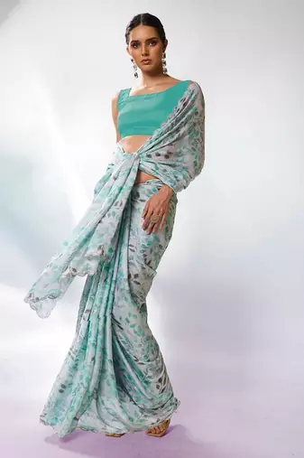 Sea green satin georgette c printed graceful style party saree