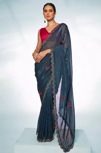 Teal blue slub organza c swarovski designer graceful bollywood style party saree