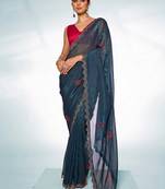 Teal blue slub organza c swarovski designer graceful bollywood style party saree