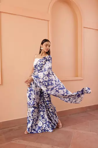 Blue nylon japan satin c trendy girlie saree