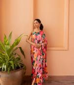 Pink designer nylon japan satin c trendy girlie saree