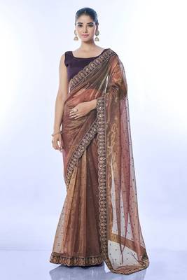 Brown golden net partywear sequins embroidery work ethnic saree 1