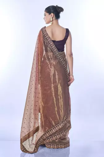 Brown golden net partywear sequins embroidery work ethnic saree