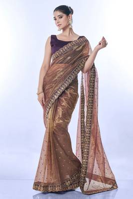 Brown golden net partywear sequins embroidery work ethnic saree 4