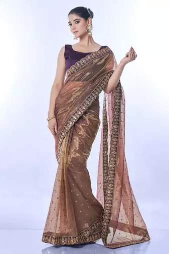 Brown golden net partywear sequins embroidery work ethnic saree