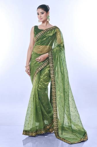 Green golden net partywear sequins embroidery work ethnic saree