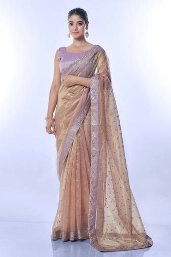 Onion golden net partywear sequins embroidery work ethnic saree