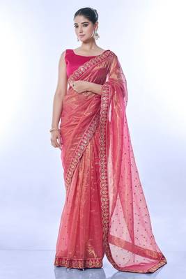 Pink golden net partywear sequins embroidery work ethnic saree 1