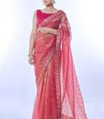 Pink golden net partywear sequins embroidery work ethnic saree