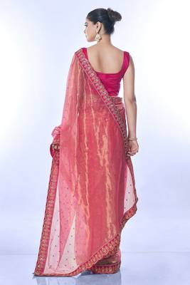 Pink golden net partywear sequins embroidery work ethnic saree 2