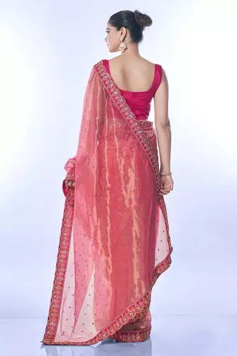 Pink golden net partywear sequins embroidery work ethnic saree
