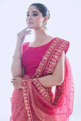Pink golden net partywear sequins embroidery work ethnic saree 3